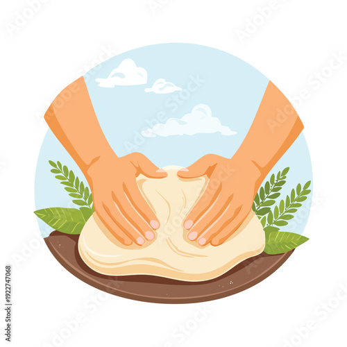 Hands kneading dough on wooden board against sky background