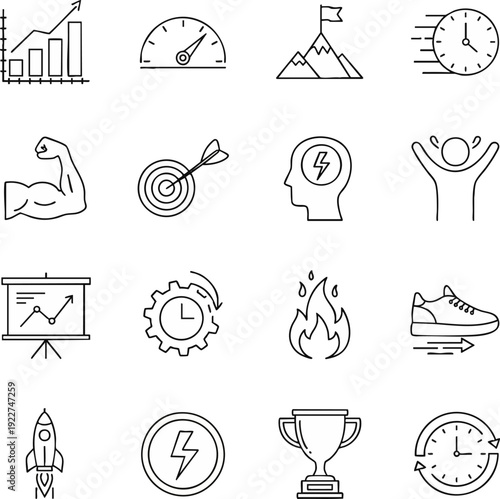 Linear icon set representing motivation, ambition, and self improvement. Depicts success, goals, and drive in a minimalist design