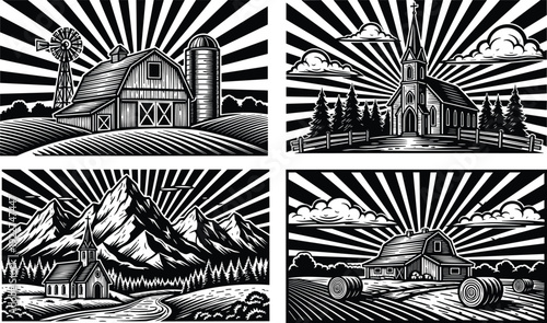 WebVintage woodcut style rural landscape vector set with farm barn, windmill, country church, mountain peaks, hay bales and sunburst background.