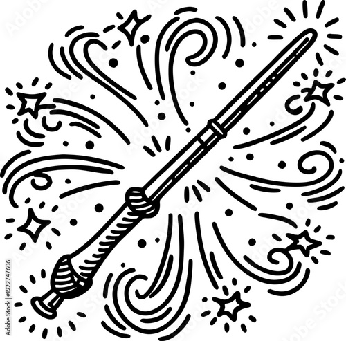 Magic wand casting spell with sparkling stars and mystical swirling light effects