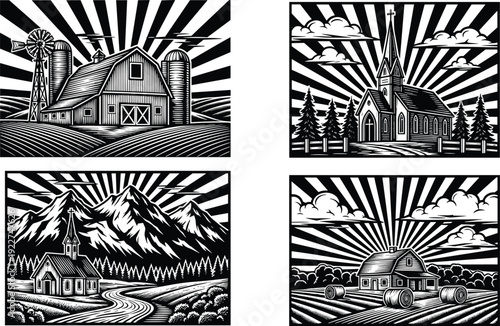 WebVintage woodcut style rural landscape vector set with farm barn, windmill, country church, mountain peaks, hay bales and sunburst background.