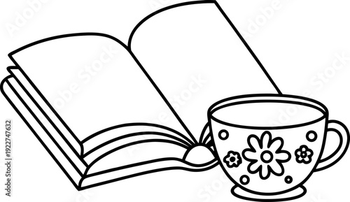 Open book with floral tea cup reading and relaxation concept, cozy leisure time idea with hot beverage