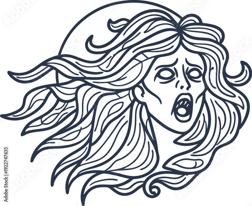 medusa head with flowing hair and open mouth mythological creature with snake like hair and fierce expression
