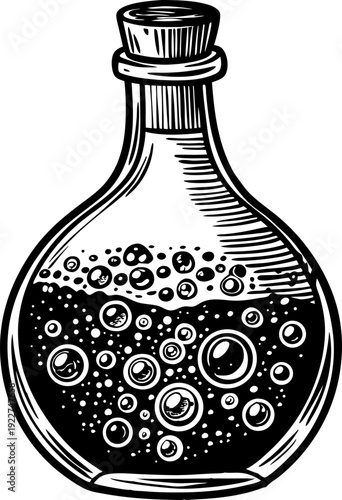 Potion bottle with bubbling liquid inside magic flask with cork stopper, alchemy and fantasy concept