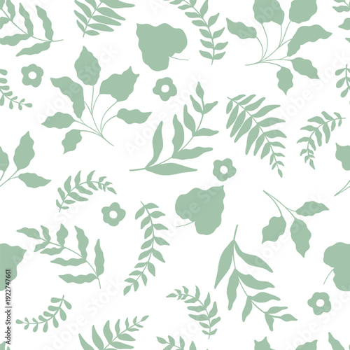 Elegant simple botanical pattern featuring graceful green leaves. Seamless floral print