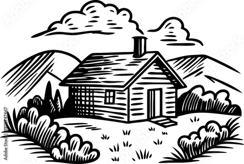 Rustic cabin in the countryside surrounded by bushes and mountains under cloudy sky