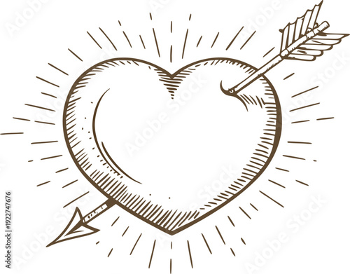 Heart pierced by arrow with radiant lines, vintage love symbol hand drawn illustration
