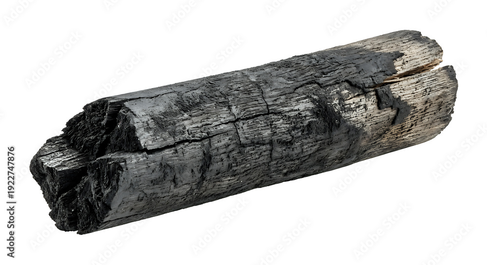 Fototapeta premium Charred Wood Log Piece Isolated Transparent Background
