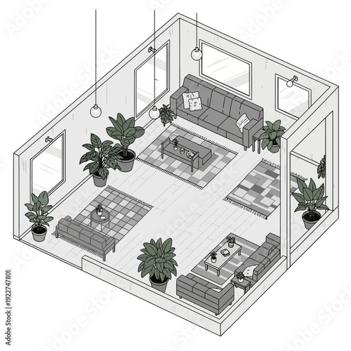 Cozy Living Room with Multiple Seating Areas and Lush Green Plants.