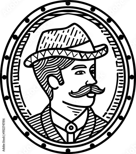 Vintage gentleman portrait with mustache and hat in ornate oval frame illustration