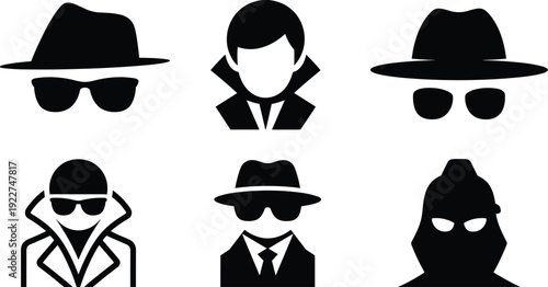 Spy and detective silhouette collection featuring anonymous agents with hats, sunglasses and masks isolated on gray background for security design