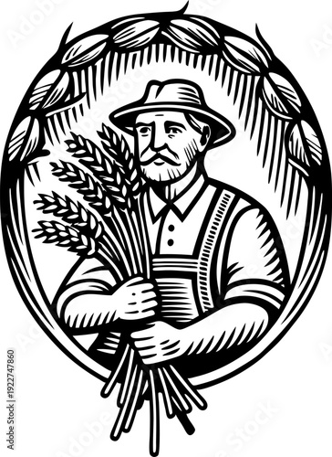 Farmer holding wheat bundle in vintage farming agriculture illustration