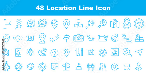 Navigation thin line icon set. Determining geographic location, route planning, and spatial orientation. Geolocation, pinpoint, map, road, compass, check point, GPS