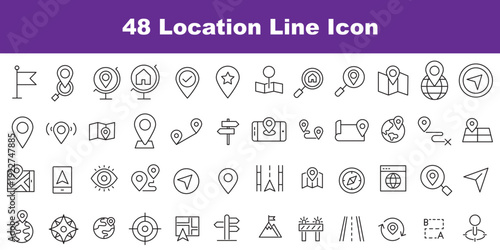 Navigation thin line icon set. Determining geographic location, route planning, and spatial orientation. Geolocation, pinpoint, map, road, compass, check point, GPS