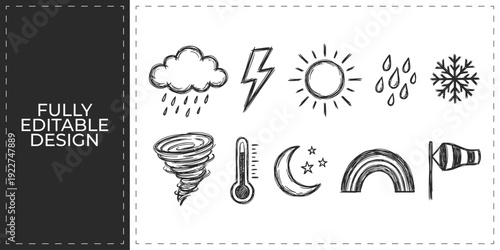 Hand Drawn Weather and Climate Doodle Icon Set EPS