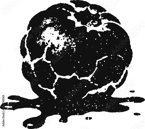 Black cracked burnt tomato with liquid juice spilling illustration in vintage