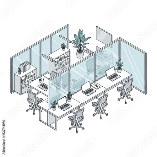 Modern Office Cubicles with Laptops and Plants.