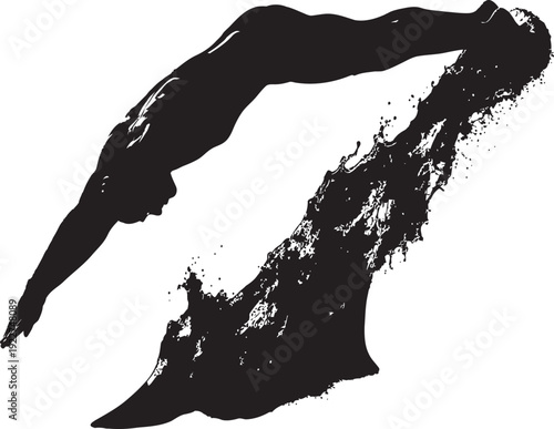 A diver in mid-air, captured in a dynamic silhouette against a white background.