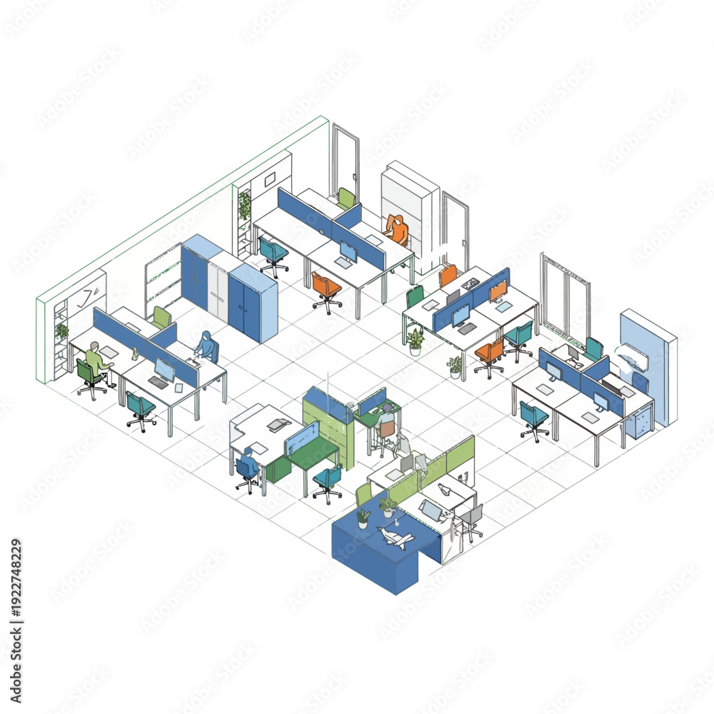 Fototapeta premium Modern Office Interior Design with Cubicles and Desks.