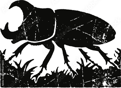 Stag beetle silhouette with large mandibles walking on grass, vintage insect design