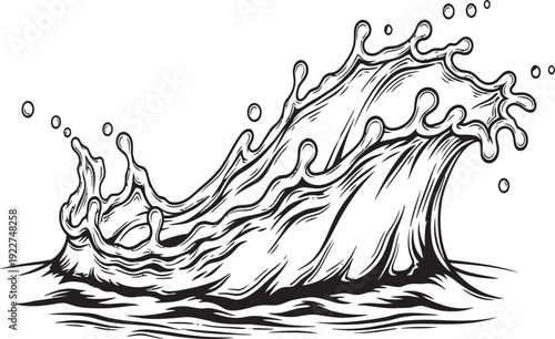 A black and white drawing of a wave about to crash.
