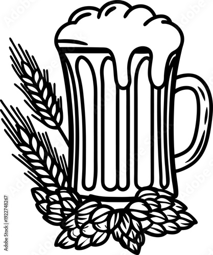 Beer mug with foam, barley stalks and hop cones illustration, brewing and alcohol concept
