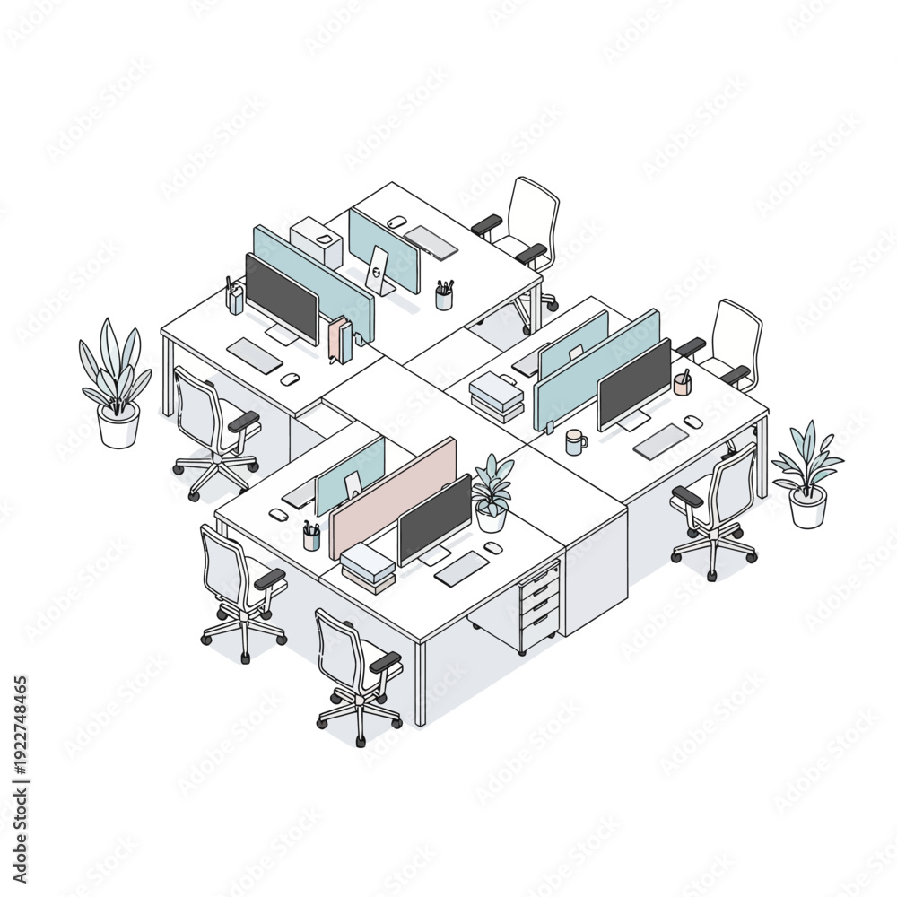 Obraz premium Modern Office Workspace with Cubicles and Computers.