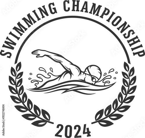 Swimming championship logo featuring a swimmer and laurel wreath for 2024 event.