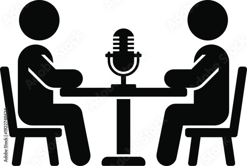 Black silhouette illustration of two people recording a podcast interview at table with microphone, representing communication, broadcast media, and professional studio discussion concept