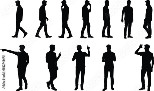 Collection of male silhouette figures in various standing, walking and gesturing poses isolated on white background, business people and casual man illustration set