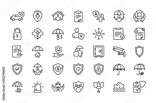 Insurance Protection Security Line Icons Set Isolated on White