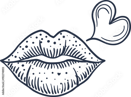Hand drawn lips with dotted texture and small heart, sending love symbol in simple sketch