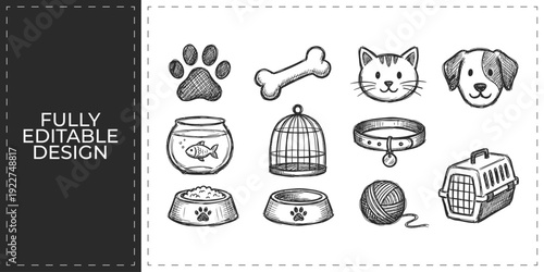 Hand Drawn Pet and Animal Care Doodle Icon Set