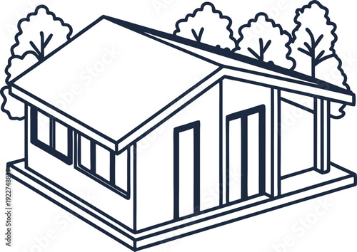 modern small house outline with slanted roof and surrounding trees in minimalist