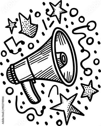 Loudspeaker megaphone with stars and musical notes around, communication and announcement concept