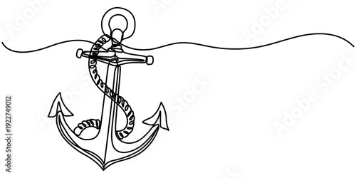 anchor continuous one line drawing, anchor continuous one line drawing and vector illustration, Minimalist outline line art anchor on a white background. 