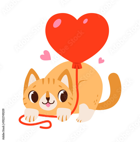 Cute Cat With Heart Balloon. Adorable cartoon kitten playing with red heart balloon, perfect for Valentine cards, romantic messages, love stickers and cute designs.
