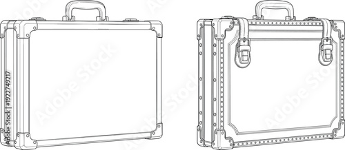 Hard shell briefcase technical line drawing set showing front and perspective views, professional aluminum suitcase outline illustration for business travel, product design template isolated on white