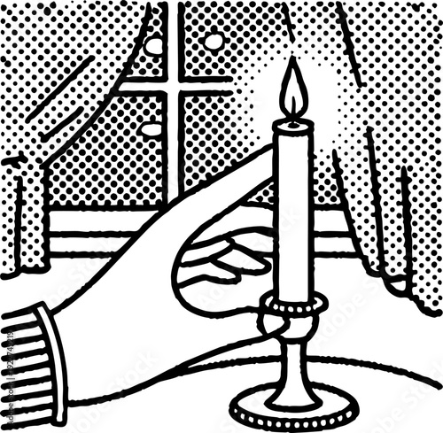 Hand lighting a candle in a holder near window with curtains vintage pop art illustration