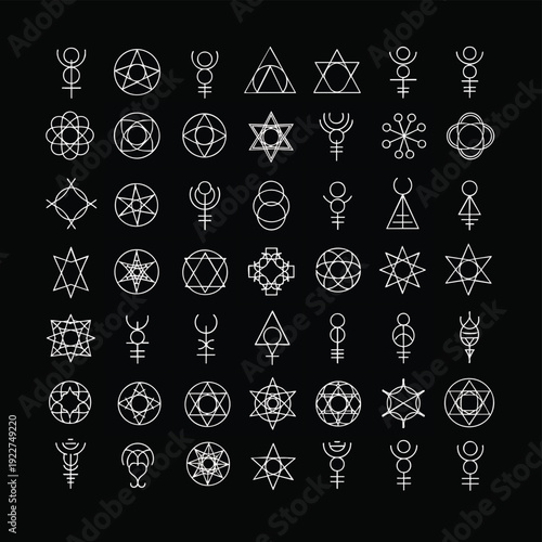 Collection of white esoteric occult mystic symbols and sacred geometry line art icons on a black background. Perfect for magical or spiritual designs