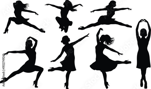Female dancer silhouette collection performing ballet and contemporary dance poses isolated on white background, artistic movement and performance illustration set