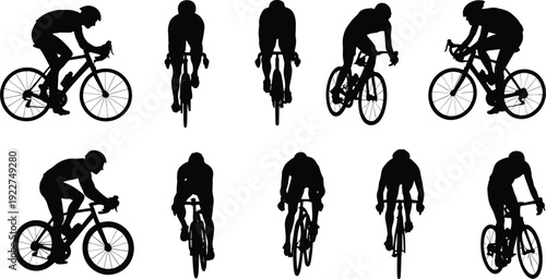 Cyclist silhouette collection featuring road bike riders in racing positions isolated on white background, professional cycling sport and endurance training illustration set