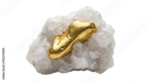 Raw gold nugget naturally embedded in white quartz matrix on white background, visualizing wealth and finance concepts through precious mineral veins for investment strategy topics.
