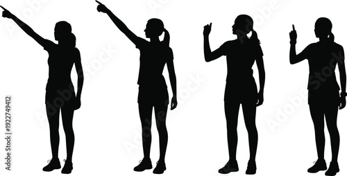 Female silhouette collection with woman pointing and gesturing poses isolated on white background, body language concept for communication, presentation, and instruction design