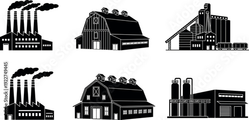 Industrial building silhouette icon set featuring factories, barns, warehouses and production plants, black solid architecture illustrations for manufacturing, agriculture and industrial design 