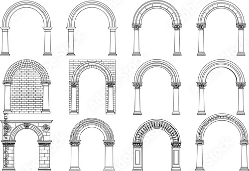 WebAntique architectural arch vector set with classical stone columns, roman gateways, decorative portals, and historic building entrances on white background