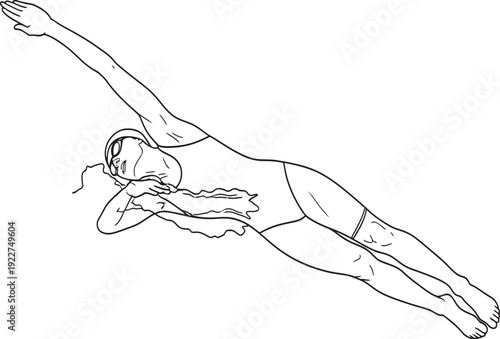 A woman is depicted in a dynamic diving position with her arm outstretched.