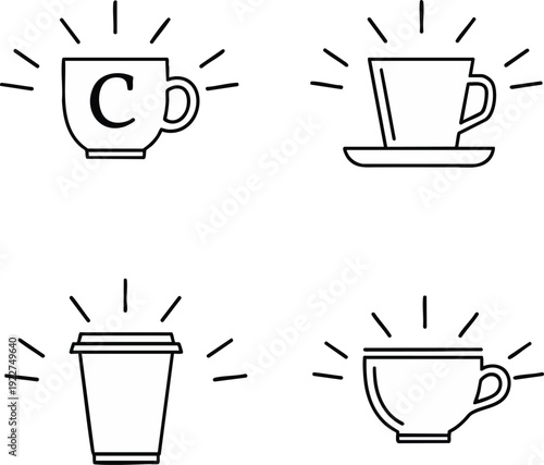 Set of simple coffee and tea cup line icons. Minimalist vector illustration of hot beverages for a cafe menu, logo, or coffee shop design