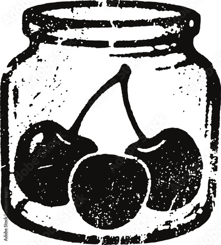 Vintage cherry jar illustration with three cherries inside, hand drawn ink design