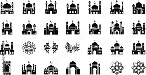 WebIslamic mosque icon set, Ramadan Mubarak architecture silhouettes with domes minarets crescent symbols and Arabic calligraphy vector collection